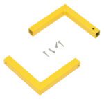 Two yellow L-shaped metal brackets, like Vestil Safety Handrail Corner Connectors, come with three screws and are designed to form a square shape when joined.