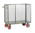 The Little Giant 3-Sided Bulk Trucks - Mesh Sides include a metal mesh utility cart with a vertical handle and four orange rubber wheels, ensuring easy mobility. Its open top and mesh sides make it ideal for efficient item transport.