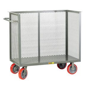 The Little Giant 3-Sided Bulk Trucks - Mesh Sides include a metal mesh utility cart with a vertical handle and four orange rubber wheels, ensuring easy mobility. Its open top and mesh sides make it ideal for efficient item transport.