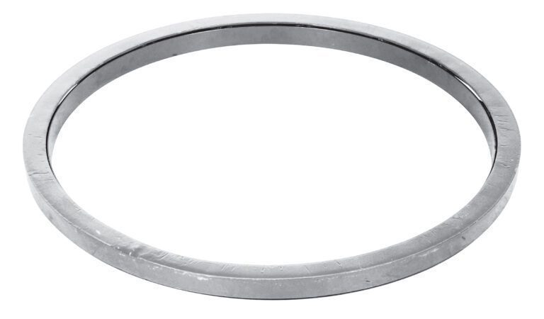 The Vestil Manual Carousel Stainless Steel 2K 40 In features a sleek, silver metallic ring with a smooth surface against a white backdrop. It boasts a flat design with a wide outer band, narrower inner band, and an elegant hollow center.