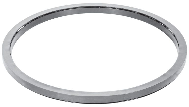 A shiny, silver-colored ring made of stainless steel, featuring a smooth surface and flat edges, resembles the sleek design of Vestil Manual Carousel Stainless Steel 4K 40 In. It is set against a plain white background.