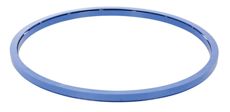 The Vestil Manual Carousel 2000 Lb Capacity 48 In features a sleek, blue circular metal ring with a smooth surface, reflective finish, and slightly rounded edges for an elegant appearance against a white background.