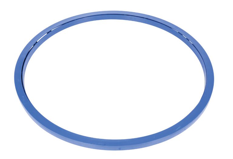 A thin, round, metallic blue hoop against a white background mirrors the sleek design of the Vestil Manual Carousel 4000 Lb Capacity 60 In. The shiny, smooth hoop surface reflects the carousels sturdy build and substantial load capacity.