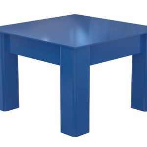 A blue square table with four sturdy legs, set against a white background, evokes the well-crafted design of the Vestil Elevated Base For Carousel 6K 48D X 12H series, featuring a smooth, glossy finish.