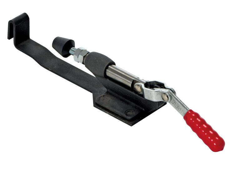 A versatile metal toggle clamp with a red handle, black rubber stopper, and adjustable barrel bolt is mounted on a flat black base, perfectly complementing the Vestil Carousel Optional Manual Brake for improved control and precision.