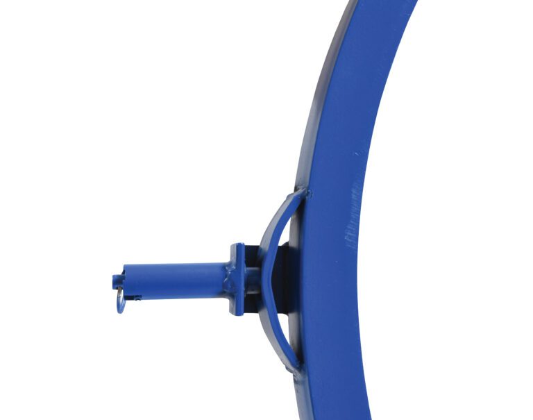 A close-up of a basketball hoop bracket in blue, featuring the Vestil Carousel Optional Hand Locking Detent, showcasing part of the rim and its attachment mechanism against a white background.