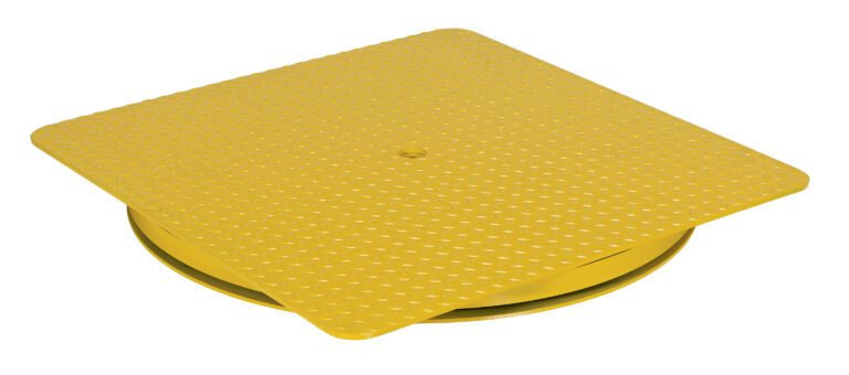 A yellow, textured square metal plate partially covers a round base, similar to the sturdy Vestil HD King Pin Carousel 4000 lb. The surface has a diamond pattern with a central hole and measures 36W x 36L for precise functionality.