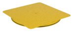 A textured yellow square platform with a central hole, similar to the Vestil HD King Pin Carousel 6000 lb 36W x 36L, rests on a circular base. Its metal surface features a diamond plate pattern, suggesting it is part of industrial equipment like a rotating palette.