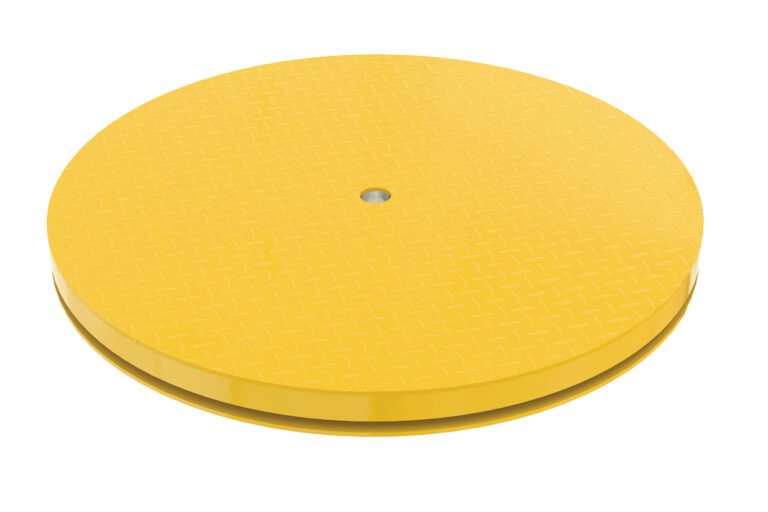 The Vestil Carousel 36 round platform is flat and yellow, with a textured surface and central hole, designed for industrial use to rotate heavy objects efficiently with a 4000# capacity.