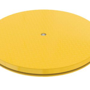 The Vestil Carousel 36 round platform is flat and yellow, with a textured surface and central hole, designed for industrial use to rotate heavy objects efficiently with a 4000# capacity.