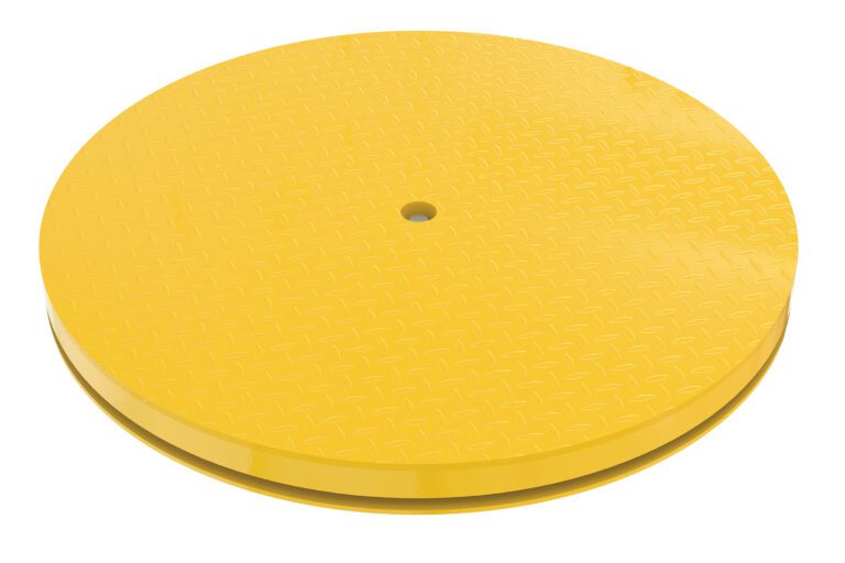 CA-KP-36R-6_A.jpg The Vestil Carousel 36 Round 6000# Capacity features a yellow industrial turntable with a textured surface and a central hole.