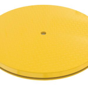 The Vestil Carousel 36 Round 6000# Capacity features a yellow industrial turntable with a textured surface and a central hole.