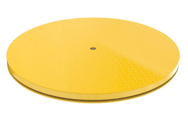 The Vestil Carousel 48 Round, with a 4000# capacity, is a round yellow metal platform featuring a subtle diamond pattern. It has slightly raised edges and a central circular hole, designed against a plain white background.