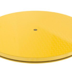 The Vestil Carousel 48 Round, with a 4000# capacity, is a round yellow metal platform featuring a subtle diamond pattern. It has slightly raised edges and a central circular hole, designed against a plain white background.
