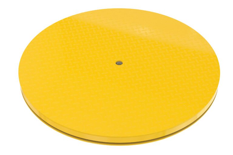 The Vestil Carousel 48 Round, with a 6000# capacity, has a yellow circular platform featuring a textured diamond plate surface and small central hole, making it perfect for use as a turntable or stage accessory.