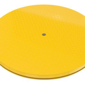 The Vestil Carousel 48 Round, with a 6000# capacity, has a yellow circular platform featuring a textured diamond plate surface and small central hole, making it perfect for use as a turntable or stage accessory.