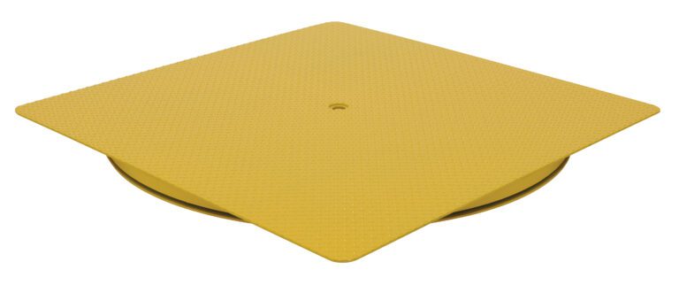 The Vestil Hd King Pin Carousel supports 4000 lbs, measures 60W x 60L, and features a robust yellow textured square platform with a central circular hole, slightly elevated on its sturdy circular base.
