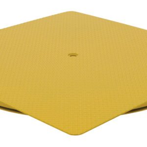 The Vestil Hd King Pin Carousel supports 4000 lbs, measures 60W x 60L, and features a robust yellow textured square platform with a central circular hole, slightly elevated on its sturdy circular base.