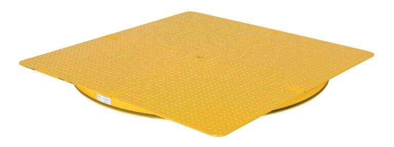 CA-KP-6060-6_A.jpg The Vestil Hd King Pin Carousel 6000 Lb 60W X 60L is a heavy-duty, square yellow industrial turntable with a textured surface, raised on a circular base to ensure smooth rotation, crafted from robust material for reliable performance.