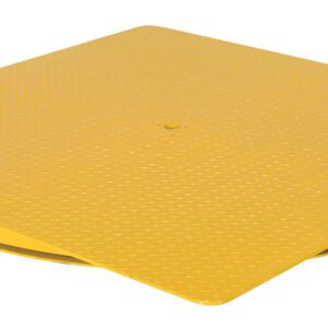 The Vestil Hd King Pin Carousel 6000 Lb 60W X 60L is a heavy-duty, square yellow industrial turntable with a textured surface, raised on a circular base to ensure smooth rotation, crafted from robust material for reliable performance.