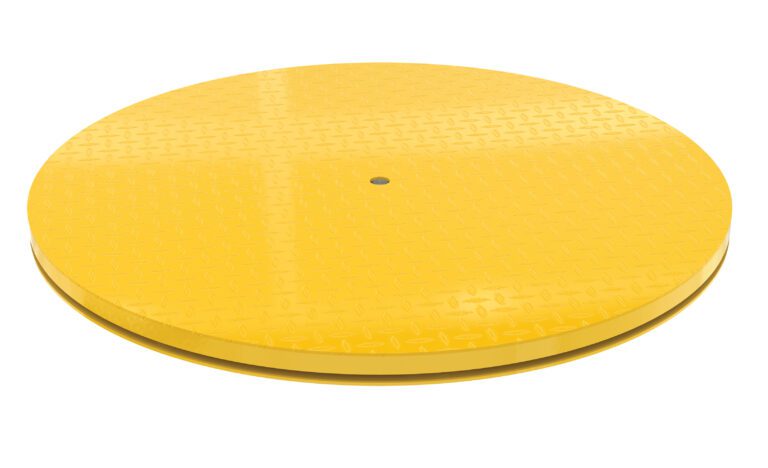 The Vestil Carousel 60 Round, featuring a large yellow circular platform with textured surface and central hole, supports up to 4000 pounds. Ideal for industrial applications, it is showcased on a clean white background.
