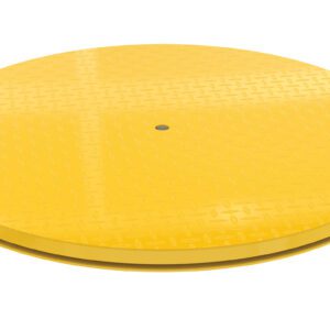 The Vestil Carousel 60 Round, featuring a large yellow circular platform with textured surface and central hole, supports up to 4000 pounds. Ideal for industrial applications, it is showcased on a clean white background.