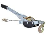 The Vestil Galvanized Cable Puller Two Speed offers a black handle, gears, and sturdy steel cable with a metal hook. Its equipped with a ratcheting mechanism for tensioning and features a two-speed function for increased efficiency.