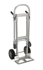 The Vestil Alum Convertible Hand Truck features a silver frame, black rubber wheels, and a durable steel toe plate. It has two handles for easy use and a foldable design for convenient storage, maintaining strength and durability.