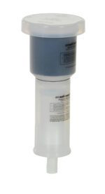 A cylindrical aerosol container with a wide, round cap features a gray upper section and clear lower portion with printed text. It dispenses from the bottom, similar to the efficient design of a Vestil Can Puncturing System Replacement Filter.