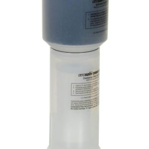 A cylindrical aerosol container with a wide, round cap features a gray upper section and clear lower portion with printed text. It dispenses from the bottom, similar to the efficient design of a Vestil Can Puncturing System Replacement Filter.