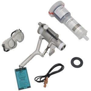 Image of a complete glue gun kit with a gray glue gun, adhesive cartridge, safety goggles, black washer, blue manual, black power cord with plug and clip for secure use like the Vestil Aerosol Can Puncturing System 2 In Bung.