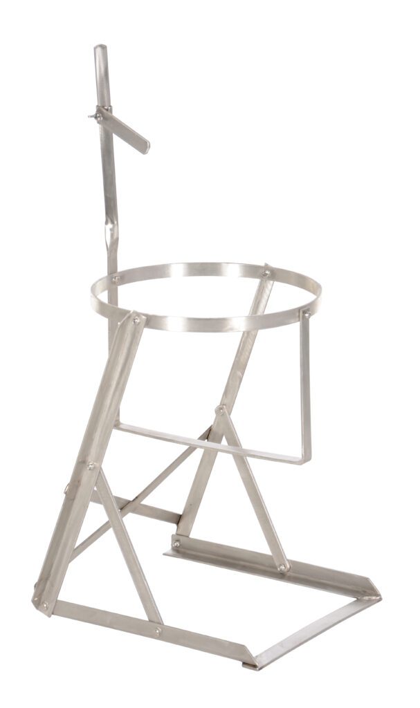 The Vestil Manual Pail Tipper Stainless Steel 70 Lb features a circular ring and side handle for object mounting. Its angled legs ensure stability on flat surfaces while supporting up to 70 lbs with ease.