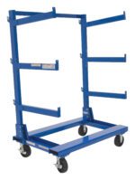 The blue Vestil Portable Cantilever Cart 30X48.5X64.6 is a metal utility cart with horizontal bars and four wheels, designed for secure storage and easy transport due to its sturdy open frame construction.