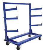 The Vestil Portable Cantilever Cart 30X60.5X64.6 includes a blue metal storage rack on wheels, featuring several horizontal shelves on one side and a flat base, ideal for storing long items such as pipes or lumber.