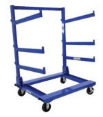 The Vestil Portable Cantilever Cart 36X48.5X64.6, a blue metal cart with four wheels and numerous horizontal bars, features an open angular design ideal for robust industrial storage or transport tasks.