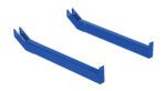 The two blue metal support brackets resemble the Vestil Portable Cantilever Cart Arms 24 In, with angled ends and multiple mounting holes, standing parallel against a white background to display their sturdy and practical design.