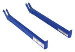 Two blue steel forklift extensions with screw-on clamps are displayed against a white background. Resembling the Vestil Portable Cantilever Cart Arms 30 In, they have rectangular shapes with attached labels, showcasing strength and versatility.