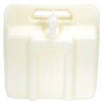 The Vestil Carboy W/Low Profile 4 Gal Natural Color is a white, rectangular, plastic container with a top handle and center spout. Its low-profile design and slight texture make it ideal for securely storing liquids.