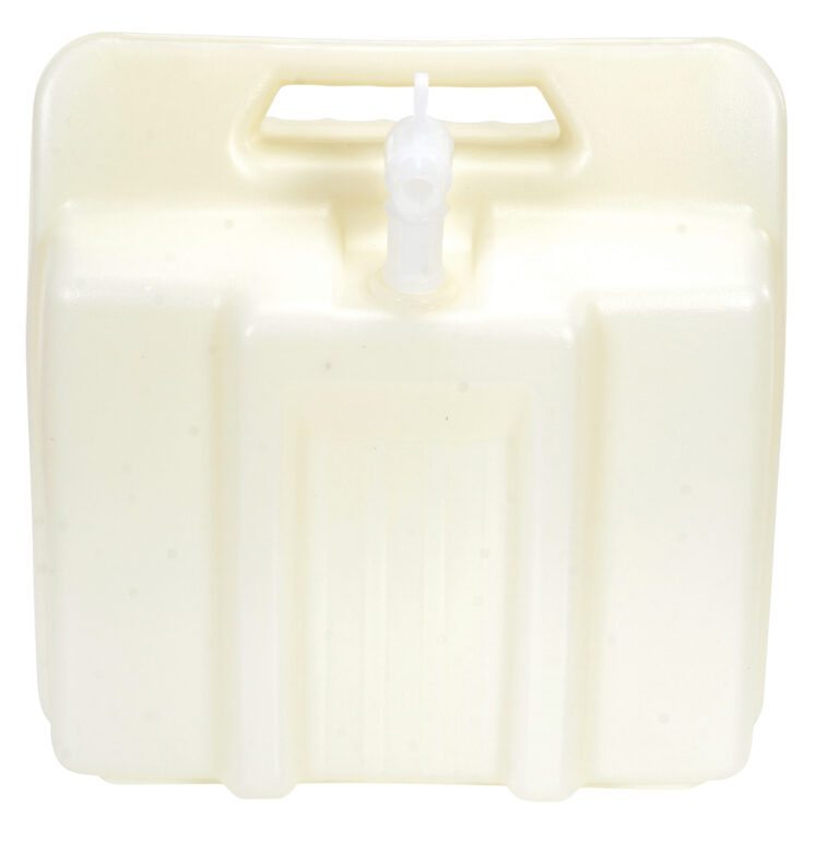 The Vestil Carboy W/Low Profile 4 Gal Natural Color is a white, rectangular, plastic container with a top handle and center spout. Its low-profile design and slight texture make it ideal for securely storing liquids.