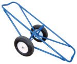 The Vestil Rug Dolly Foam-Filled Wheels 26 X 61 is a blue metal hand truck with two large foam-filled wheels and a minimalist frame, perfect for easily transporting long or bulky items.