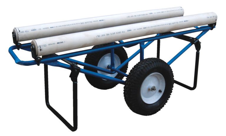 CARPET-D_A.jpg The Vestil Rug Dispenser features a blue metal trolley with a single axle and two large black pneumatic wheels, ideal for transporting long cylindrical objects. It securely holds two white PVC pipes and measures 25.94 x 61, with a handle on one side for easy maneuvering.