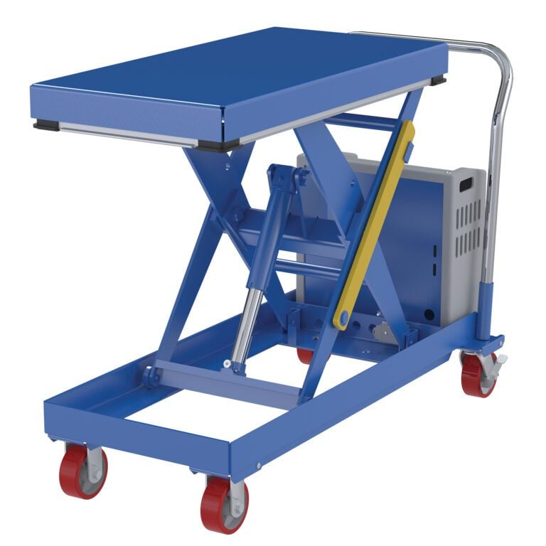 The Vestil Hydraulic Elevating Cart 20X40 1000 Lb 12V Dc features a blue lift table, silver handle, yellow lever, red wheels, and a scissor lift mechanism. Its rectangular base has four swiveling wheels for smooth mobility and supports up to 1000 Lbs.