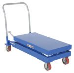 Introducing the Vestil Hydraulic Elevating Cart 20X40 with a 1000 lb capacity, featuring a blue design, flat surface, handlebar for easy maneuvering, and red caster wheels for smooth mobility. It operates effortlessly using its reliable foot pump mechanism.