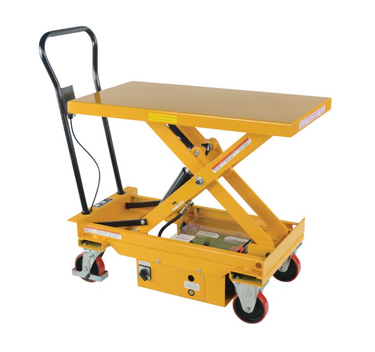 The Vestil Dc Power Scissor Cart 1K 39.75 x 20.5 features a yellow hydraulic lift table with a scissor mechanism, four caster wheels, and safety labels, making it ideal for transporting items. It includes a handlebar for easy maneuvering.
