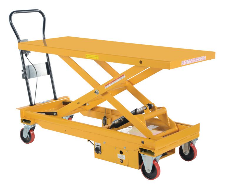 The Vestil Dc Power Hydr Scissor Cart 1K 60 X 24.5 features a yellow hydraulic lift table on wheels with a scissor mechanism, flat platform, manual handle, and red and black swivel casters for easy operation and optimal mobility.