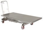 The Vestil Partially SS Elevating Cart, featuring four red wheels and a handle, is perfect for efficiently transporting heavy items on its flat, rectangular platform. The durable finish and upright handle ensure smooth maneuverability.