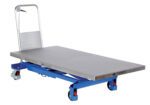 The Vestil Hydraulic Single Scissor Cart 1K 63X31.5, with a blue and silver design, includes four red caster wheels, a push handle, and a flat metallic platform ideal for efficiently and safely transporting heavy items.