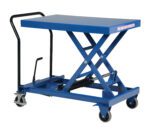 The Vestil Premium Portable Scissor Cart 1K 40.5X24, featuring a blue hydraulic lift and black handle, ensures smooth mobility with four wheels, including swivel casters, and uses a foot pedal for easy platform height adjustment on its flat rectangular design.