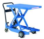 The Vestil Premium Single Scissor Cart 1K 23.6X35.4 features a blue hydraulic lift table with black handles and wheels, emphasizing an efficient lifting mechanism designed for ease of use and stability in its raised position.
