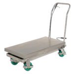 The Vestil Cart Scissor 1000Lb Capacity Stainless Steel is a durable platform trolley with a flat base, four green swivel wheels, and a sturdy curved handle. It features an easy-to-use scissor lift mechanism for transporting heavy items efficiently.